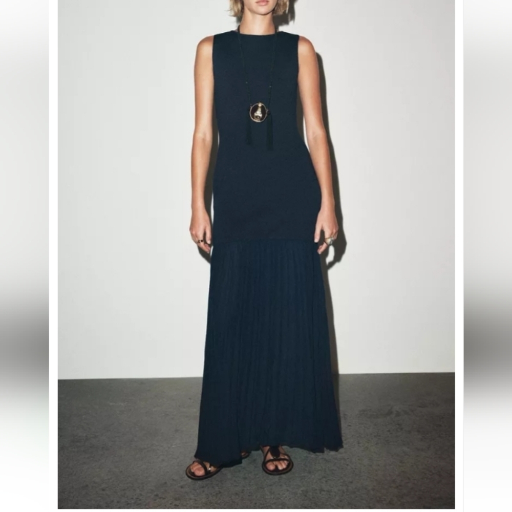 Zara Elegant Combination Nav Sleeveless Knitted Stretch Festive Maxi Dress Sz- S